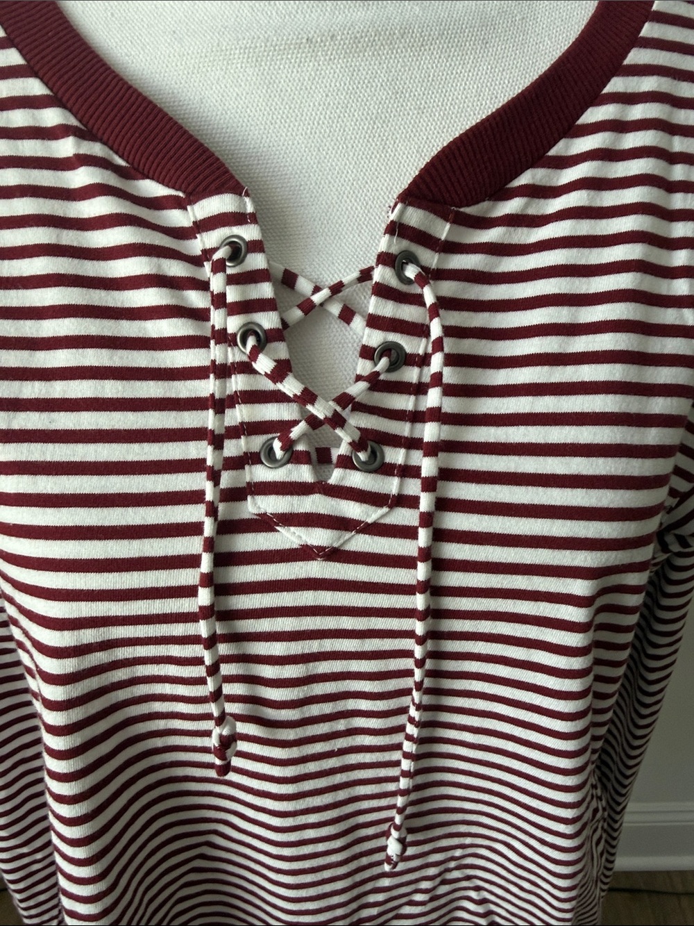 Hollister Women's Burgundy & White Striped Lace-Up Long Sleeve Top - Picture 2 of 8
